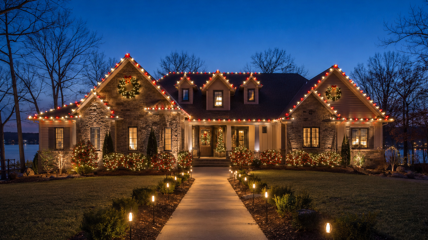 Lake of the Ozarks home with red and warm-white Christmas lights