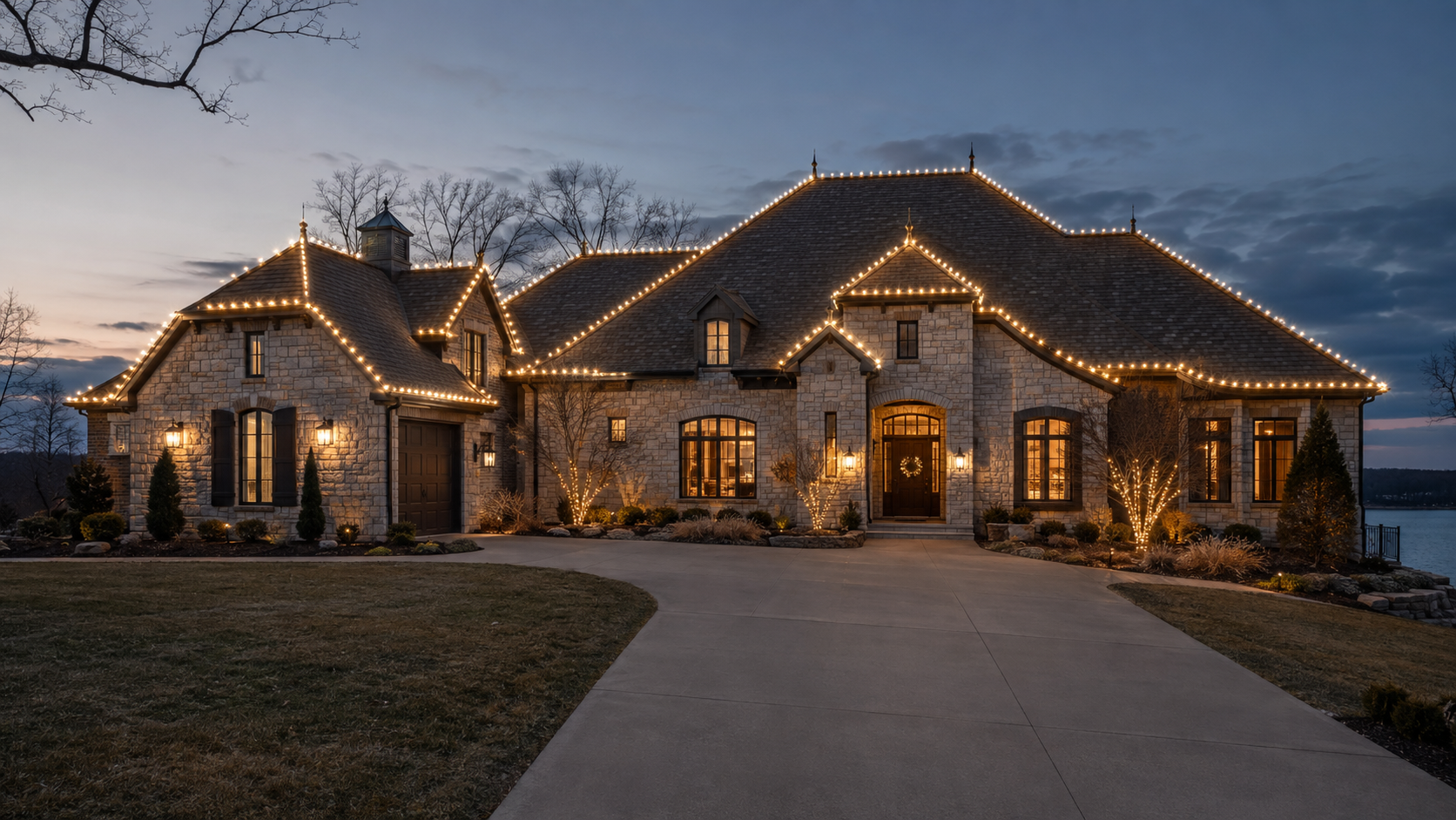 Stone home with an elegant warm-white Christmas lighting display